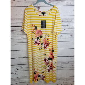 NWT JSP Yellow Striped Floral Gem Studded Midi Shift Dress Women's Size XL